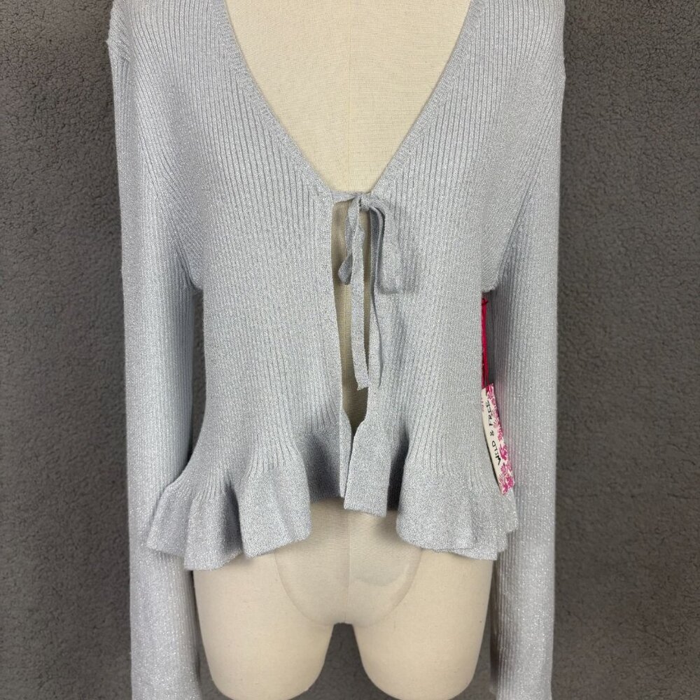 Freshman Juniors' Women's Tie-Front Ruffle Glitter Sweater Blue Opal Large NWT's